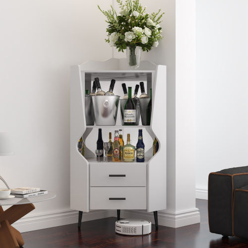 Modern Corner Bar Cabinet with Shelves & Storage Drawers