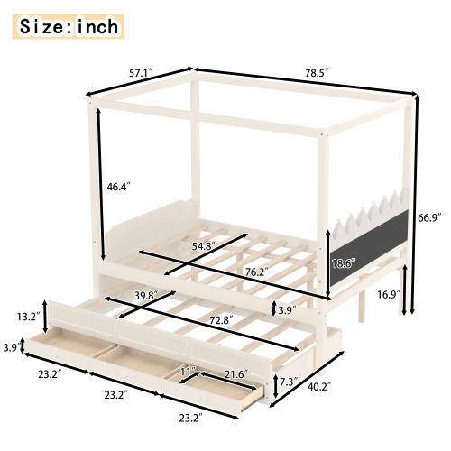 Twin Princess Canopy Bed Frame with Trundle & Storage Drawers