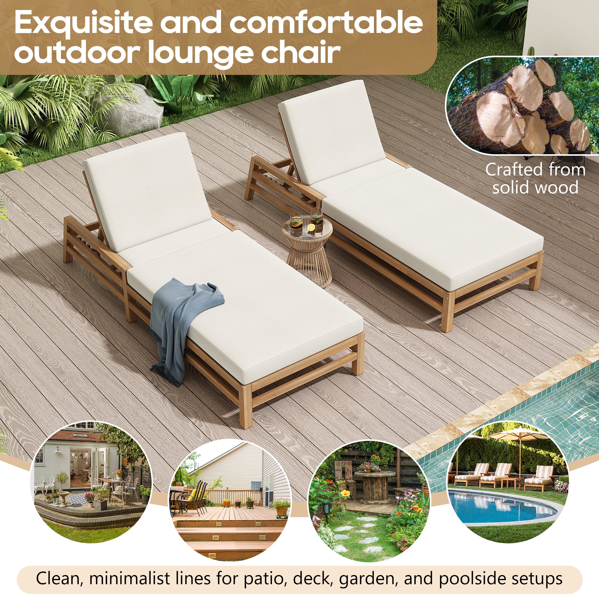 Adjustable Acacia Wood Outdoor Lounge Chair with Cushion