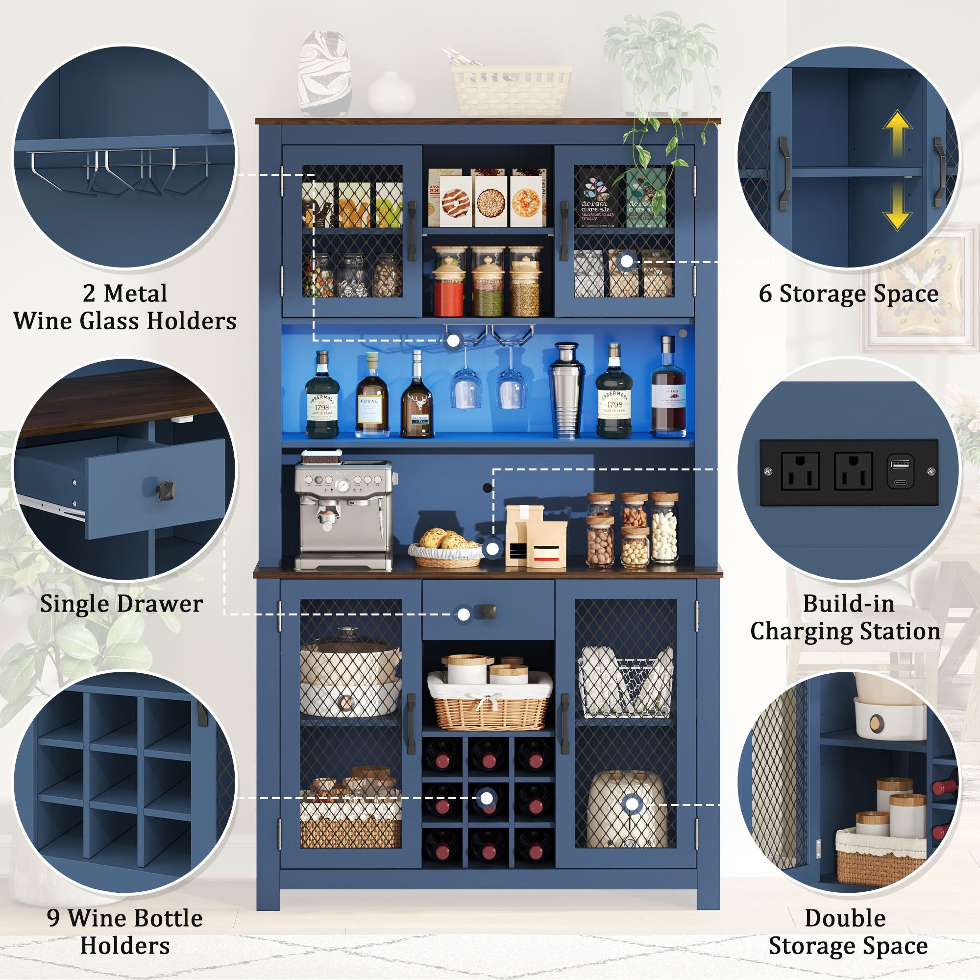 Kitchen Pantry Cabinet with Shelves & LED Lights – Rustic Storage Hutch (Blue)