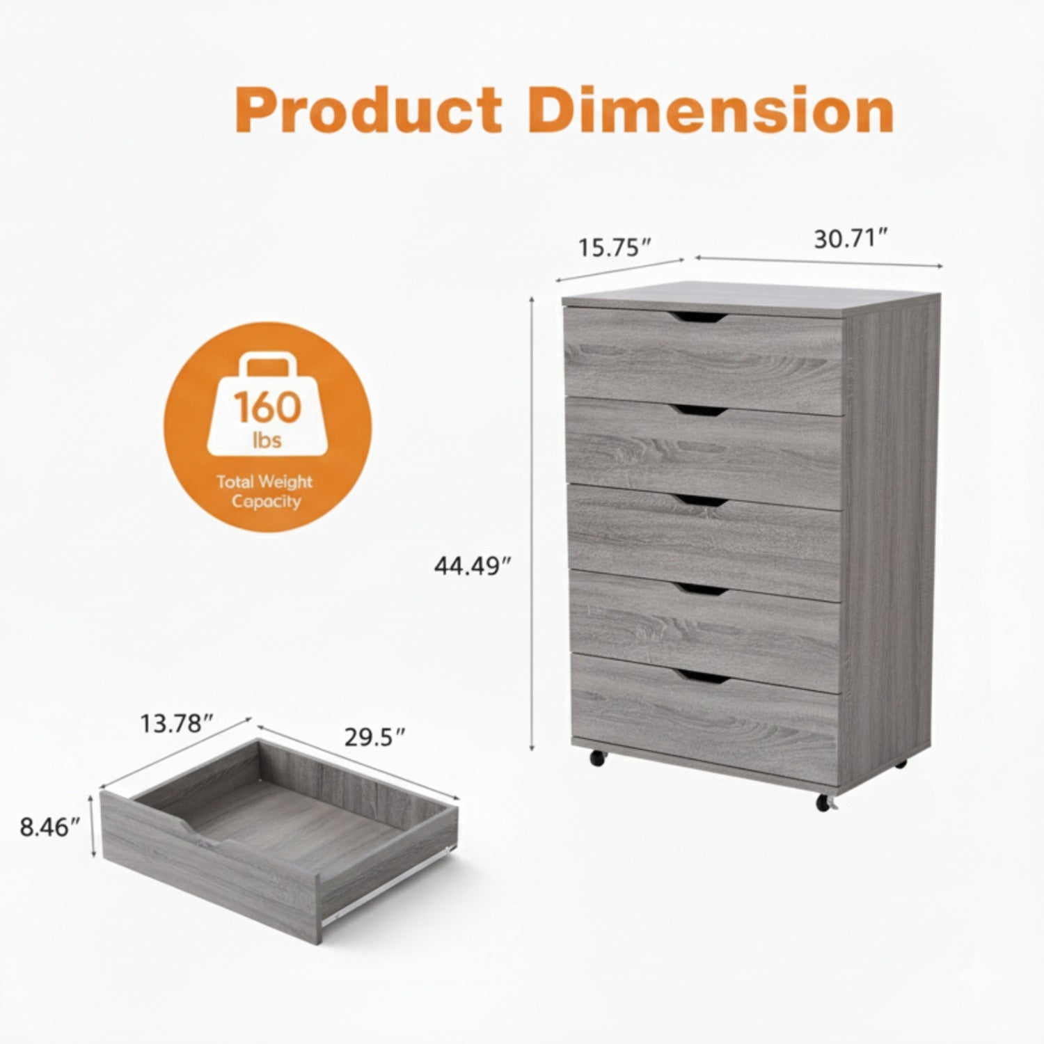Modern Gray 5-Drawer Dresser with Wheels – Space Saving Storage