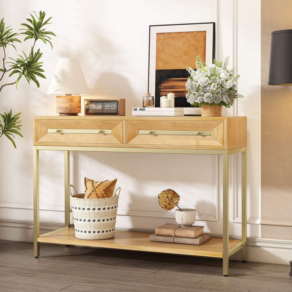 Wood Entryway Console Table with Drawers – Natural Finish Hallway Table