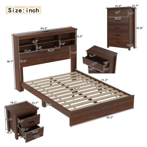 Modern Walnut 4-Piece Queen Bedroom Set with Storage Headboard
