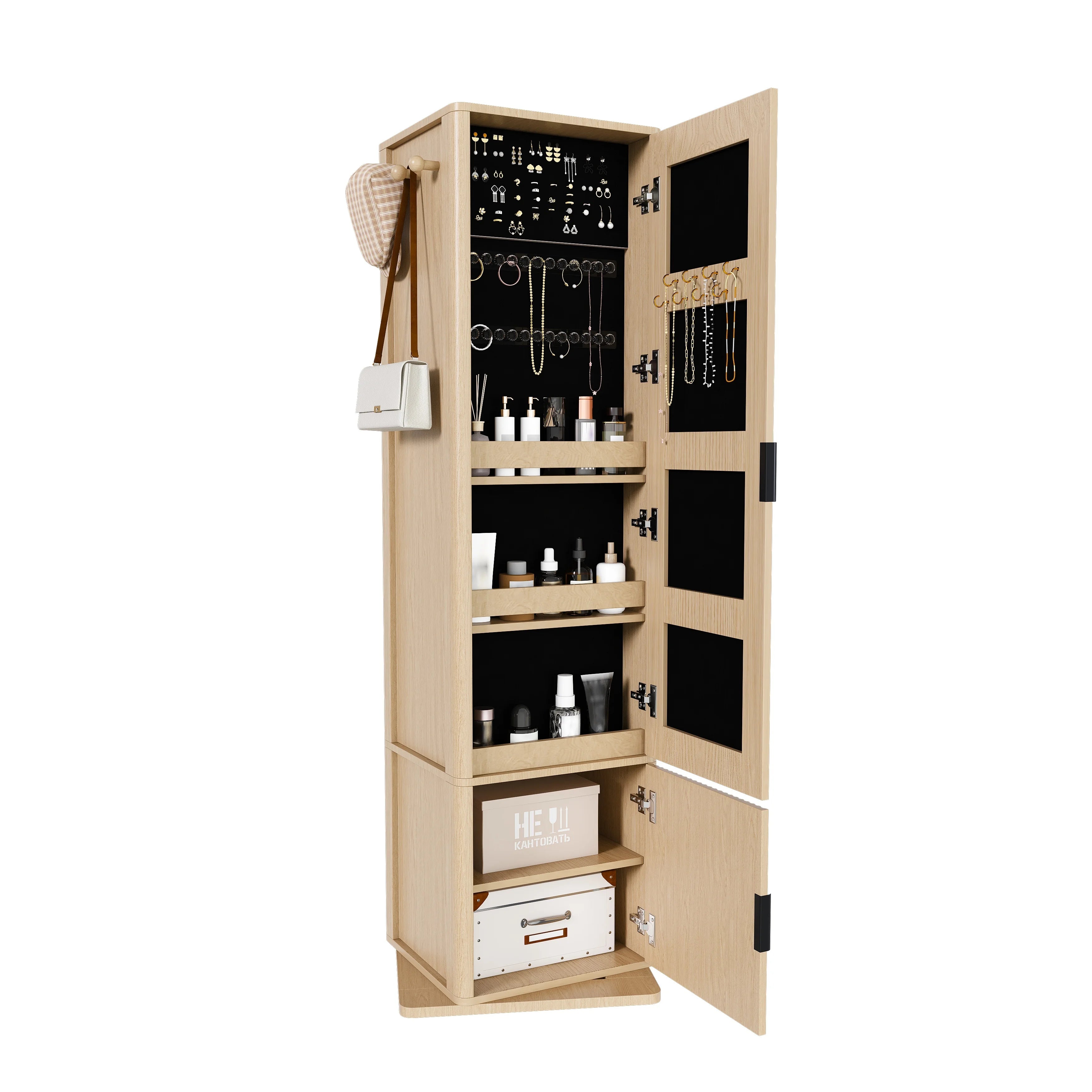 360° Rotating Full-Length Mirror Jewelry Cabinet with Storage