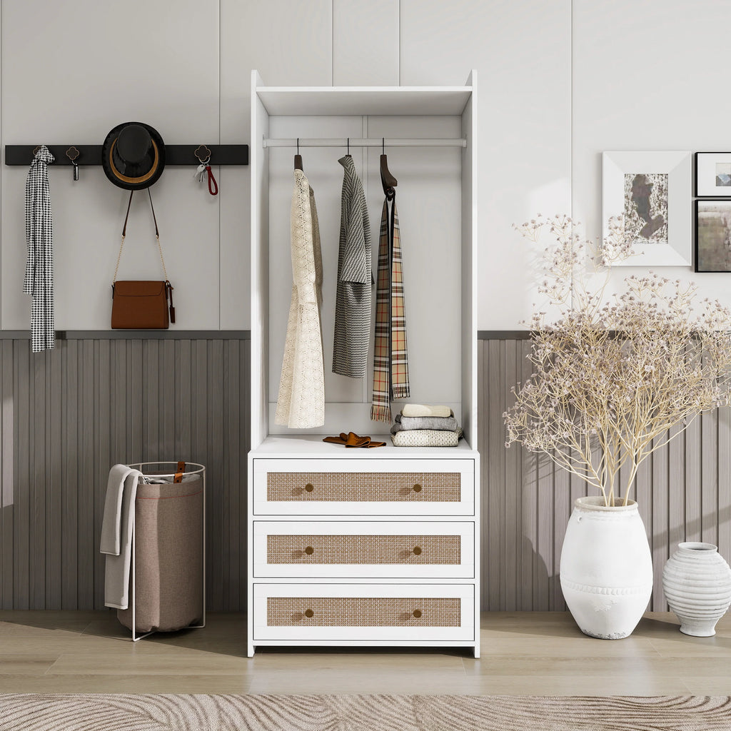 Modern White Solid Wood Wardrobe Cabinet with Drawer and Hanging Rod