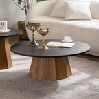 Round Pedestal Coffee Table with Dark Wood Top – 35” Contemporary Living Room Table