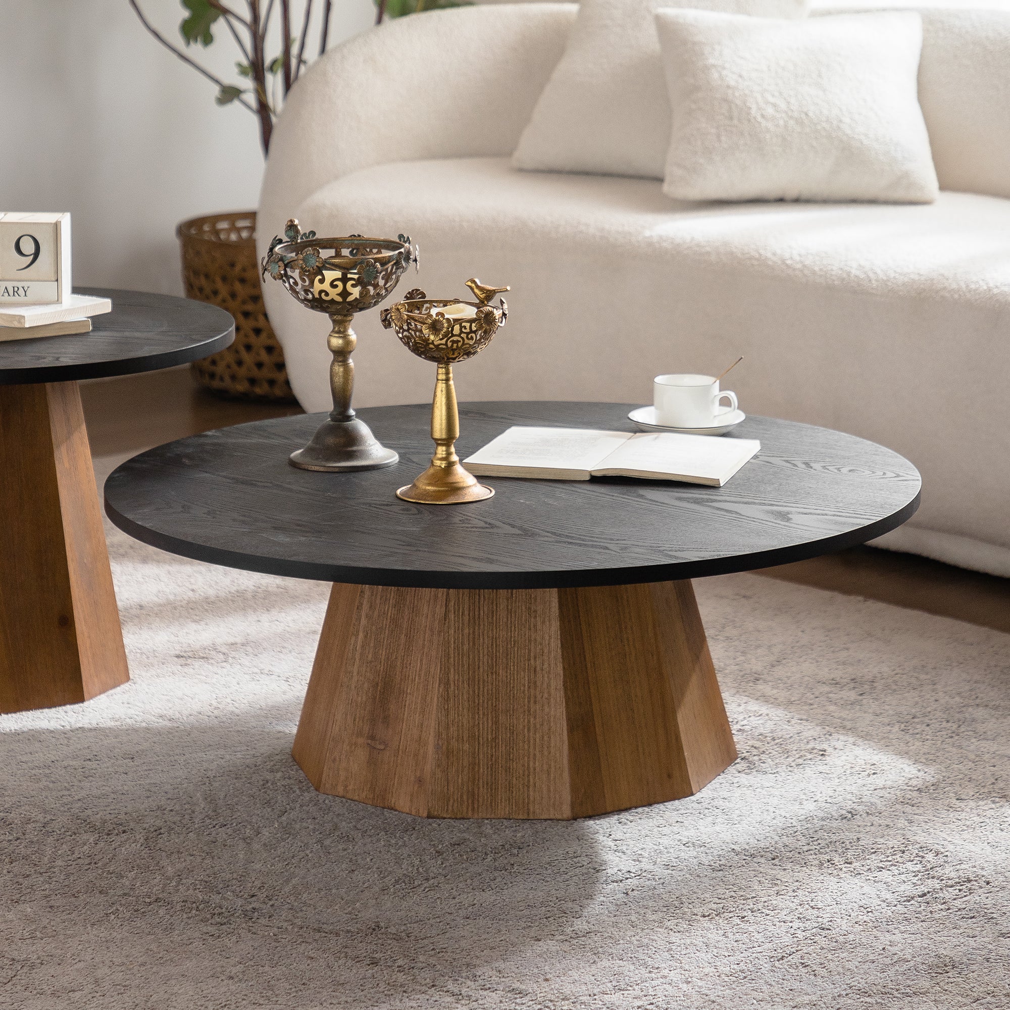 Round Pedestal Coffee Table with Dark Wood Top – 35” Contemporary Living Room Table