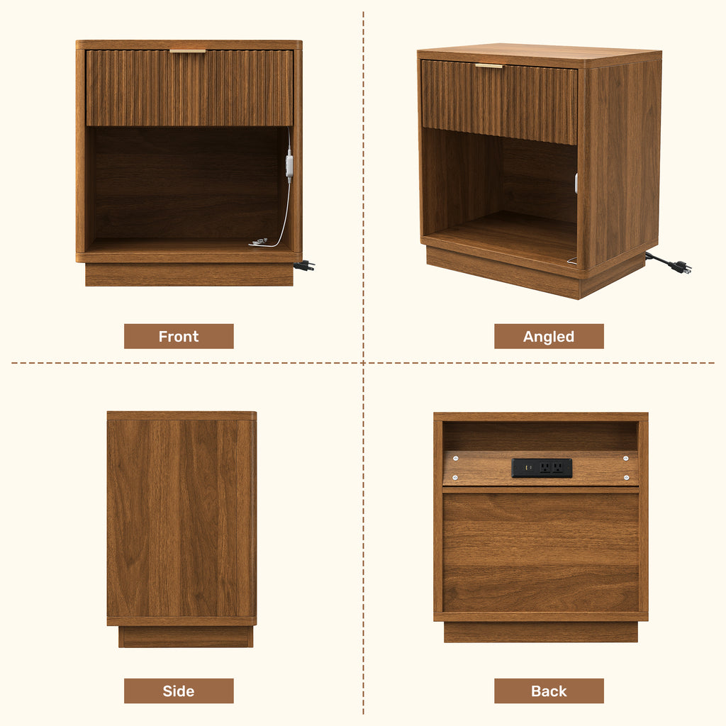 2 Fluted Wooden Nightstand with Sensor LED Light & Charging Station