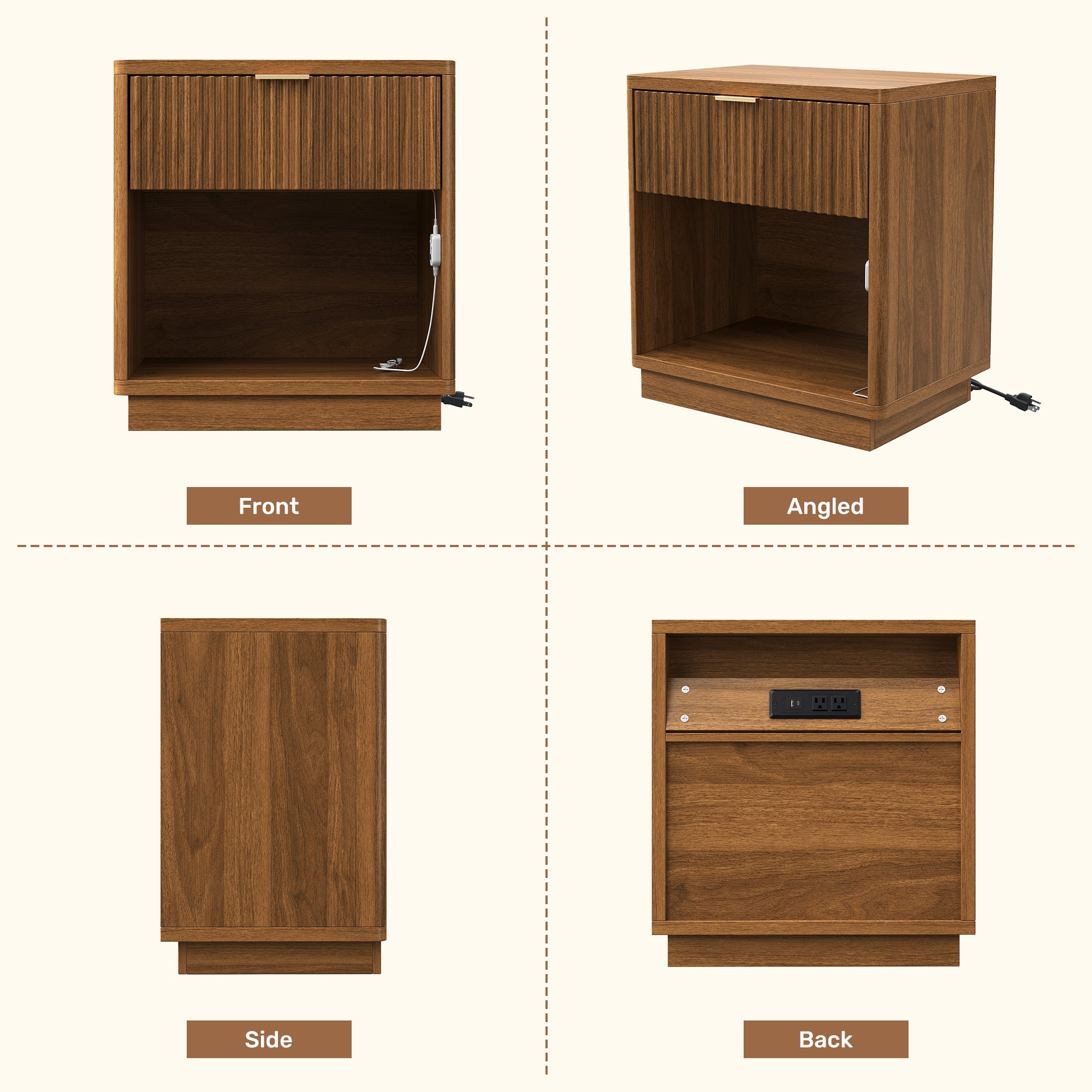 2 Fluted Wooden Nightstand with Sensor LED Light & Charging Station