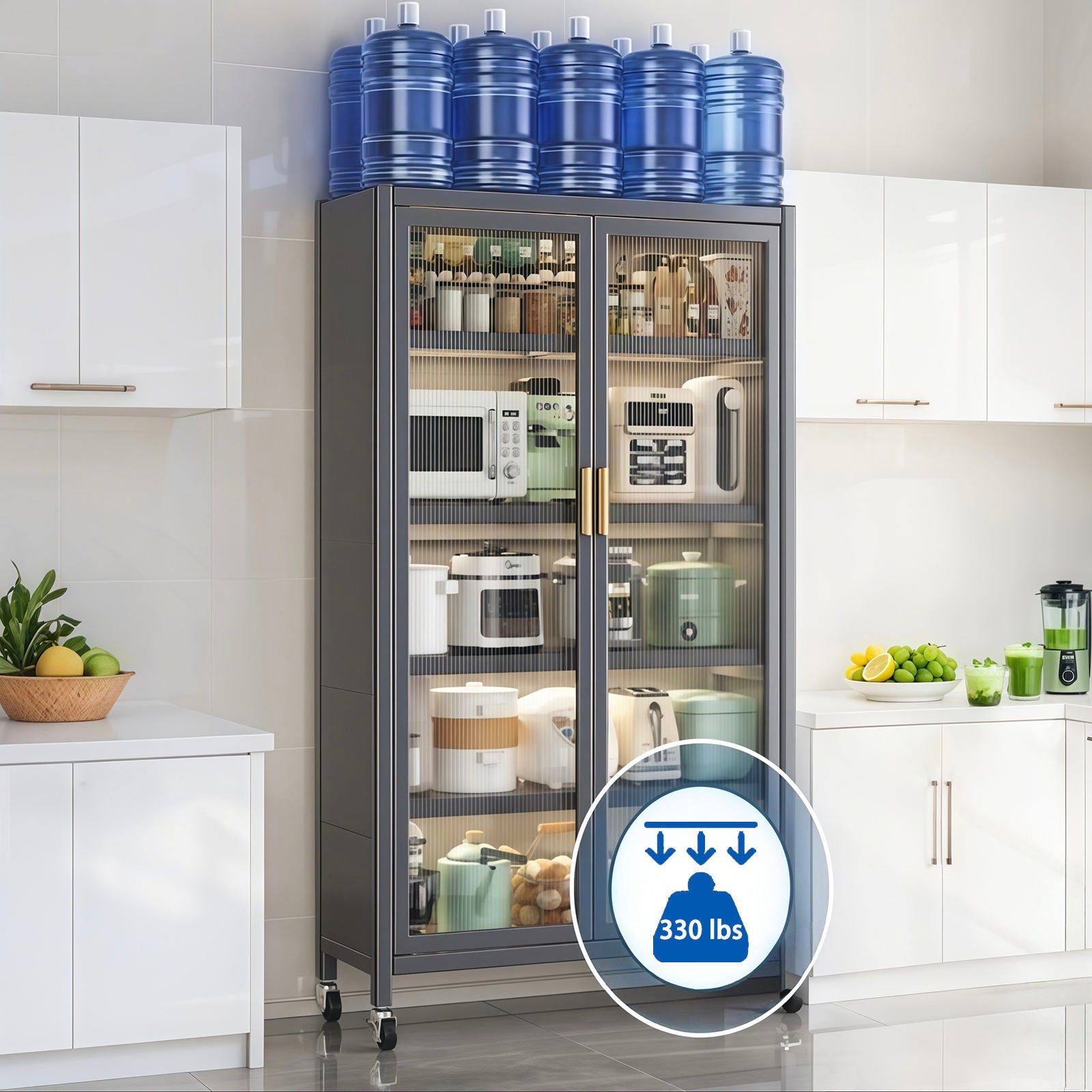 Tall Kitchen Pantry Cabinet with Glass Doors – 6-Tier Storage (Gray
