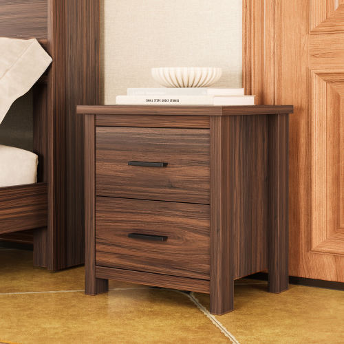 Modern Walnut 4-Piece Queen Bedroom Set with Storage Headboard