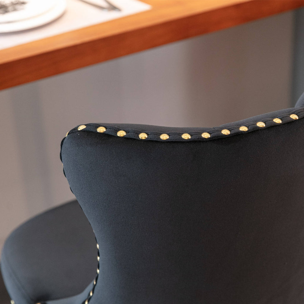 Black Velvet Bar Stools (Set of 2) – Tufted Chairs with Gold Base