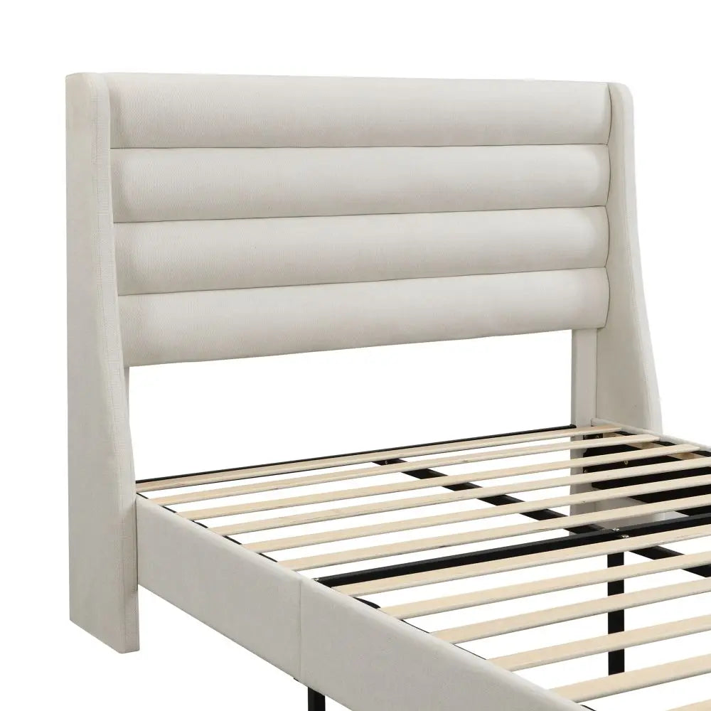 Elegant Cream Chenille Queen Size Platform Bed Frame with Padded Headboard