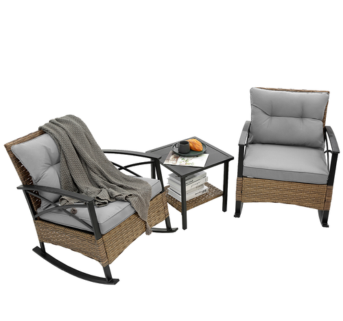 3-Piece Modern Outdoor Rocking Chair Set with Table – Grey
