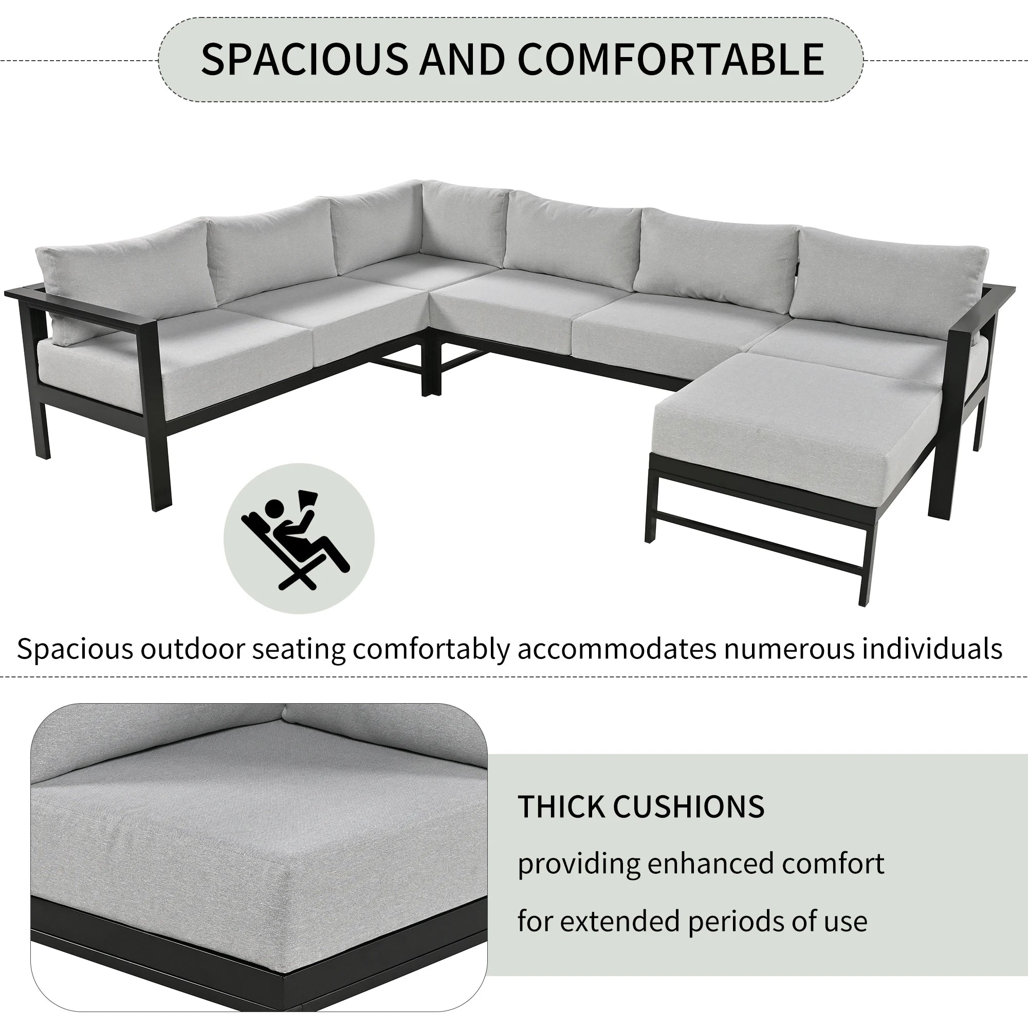L-Shaped Outdoor Patio Sectional Sofa Set with Ottoman – Gray Cushions