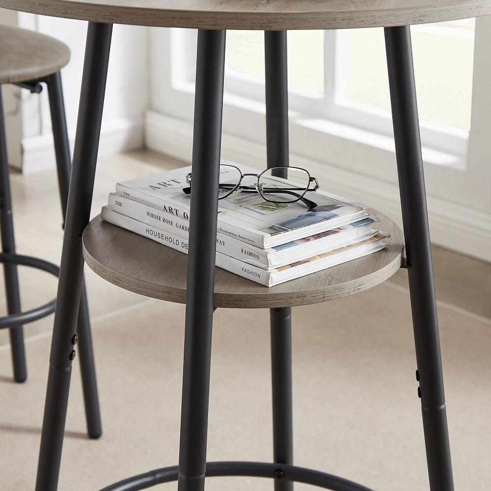 3-Piece Rustic Bar Table Set with 2 Stools – Round Pub Table with Storage Shelf