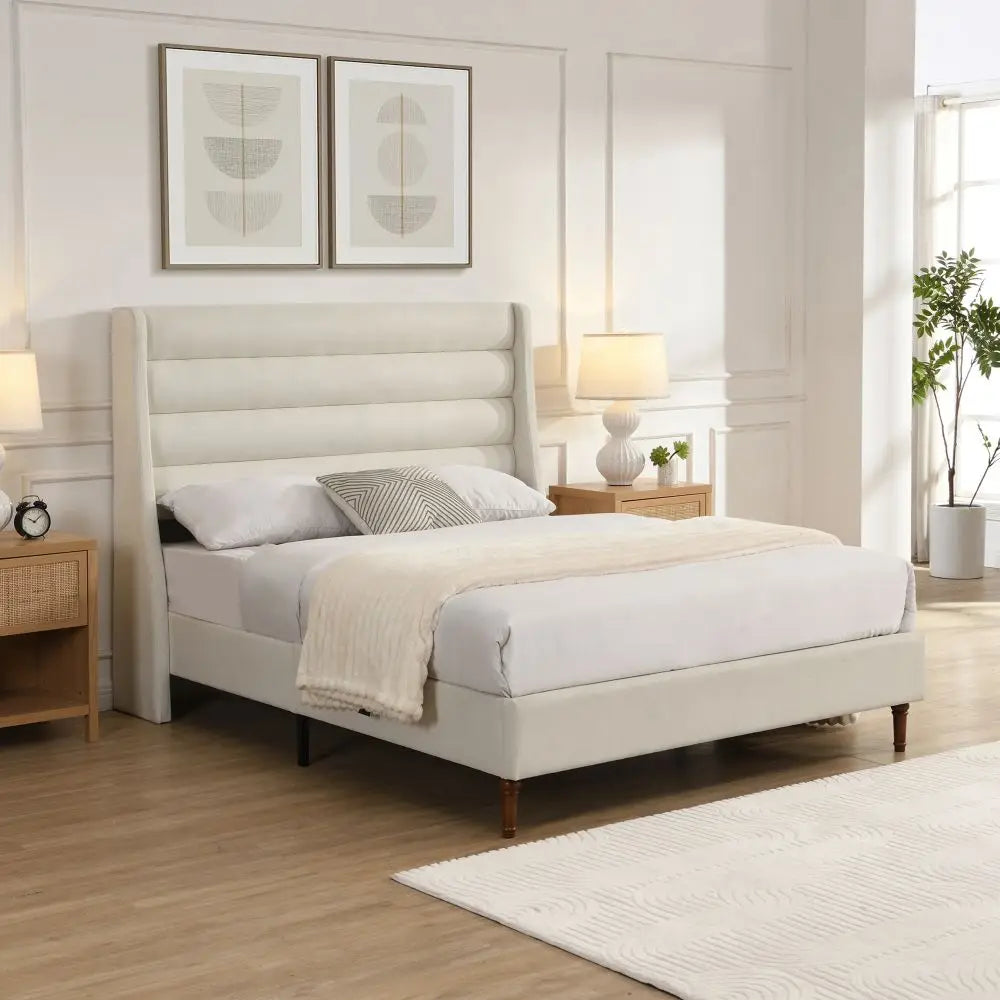 Elegant Cream Chenille Queen Size Platform Bed Frame with Padded Headboard