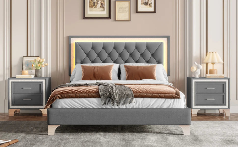 Glam LED Upholstered Bed Frame with Matching Nightstands