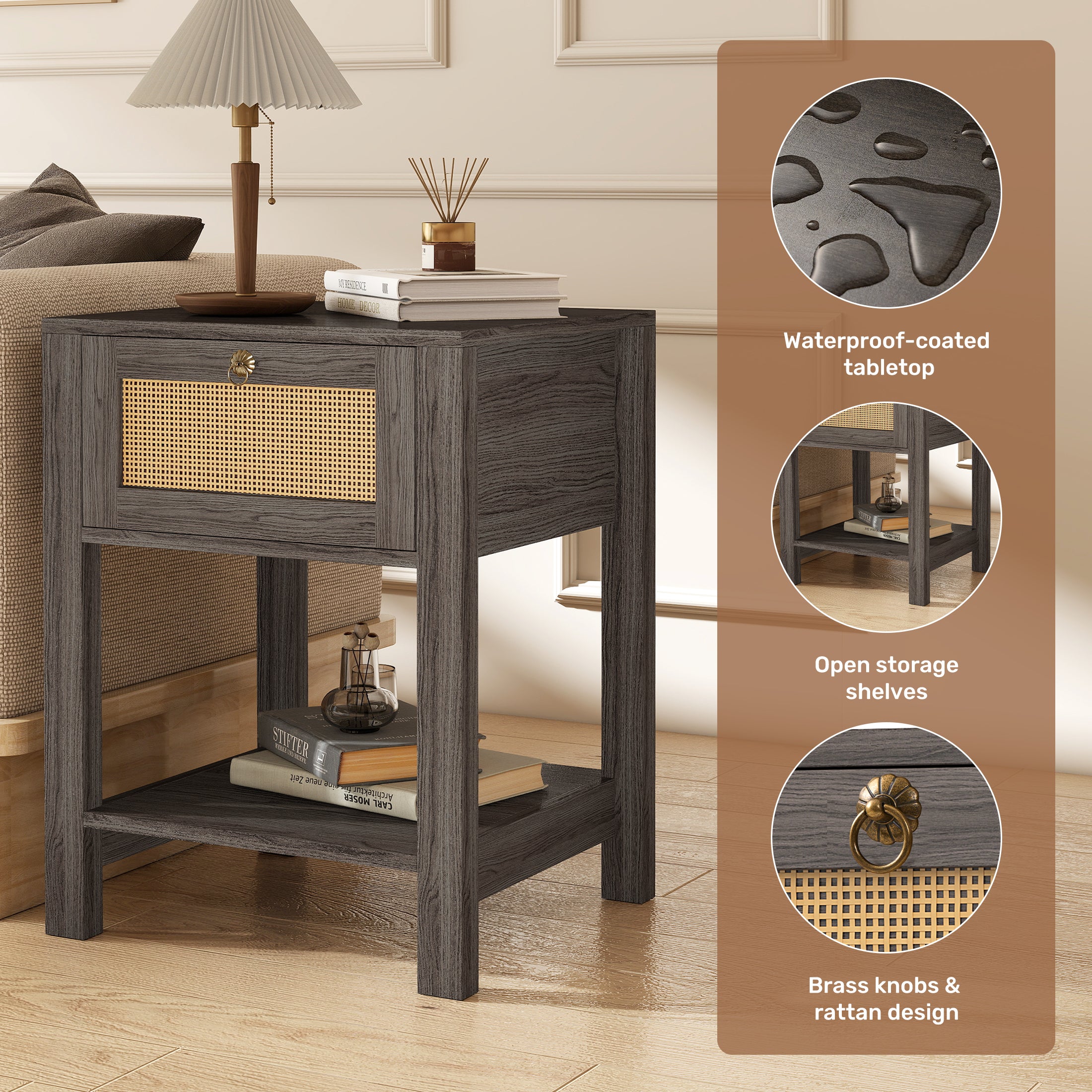 2 Wooden Nightstand with Rattan Drawer & Open Shelf Storage