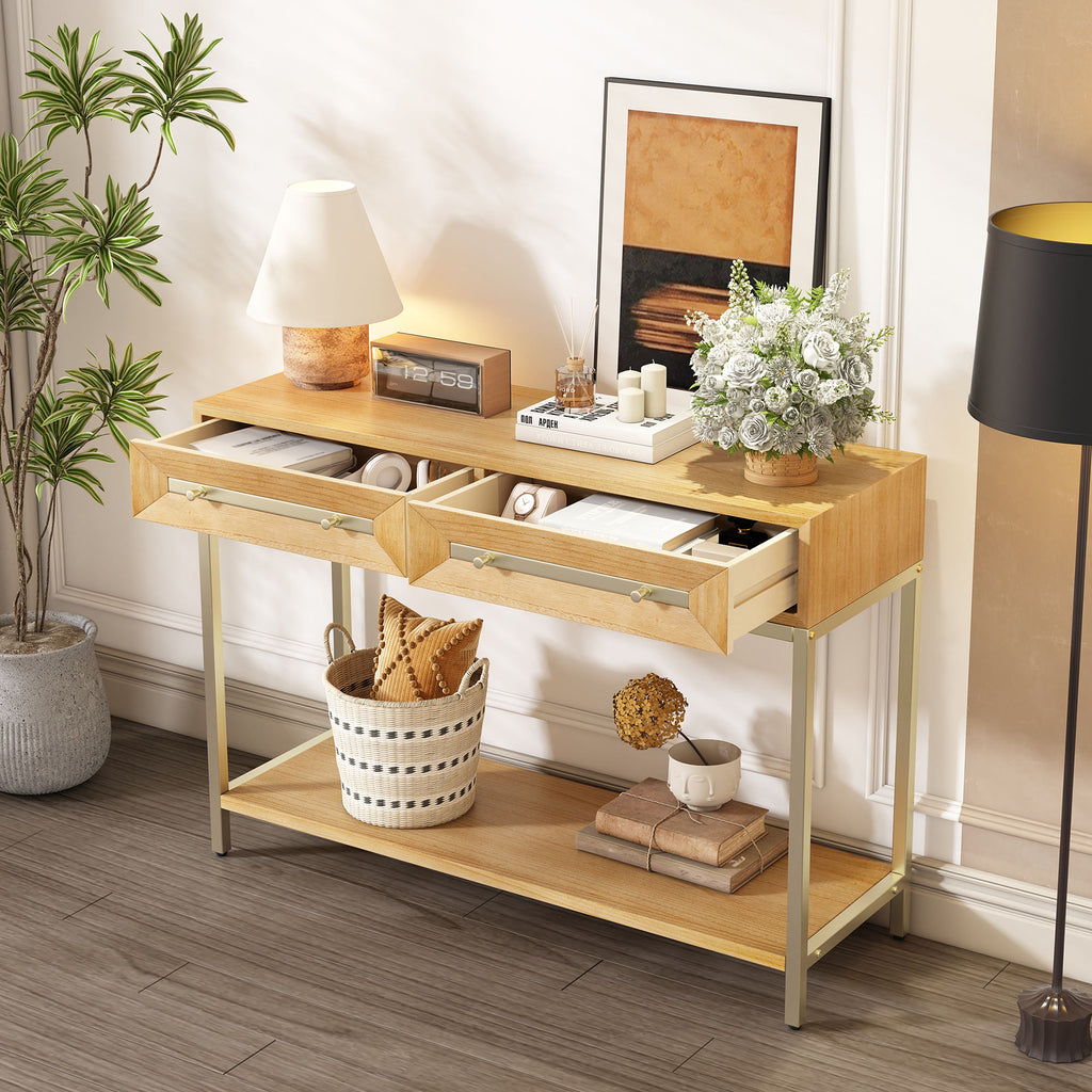 Wood Entryway Console Table with Drawers – Natural Finish Hallway Table