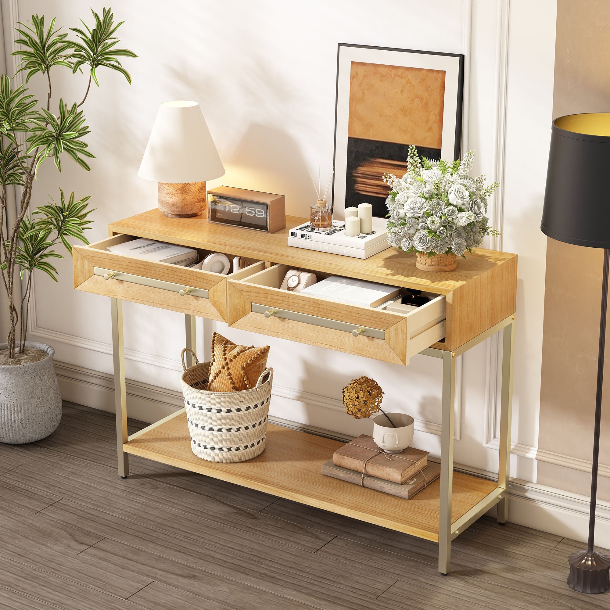 Wood Entryway Console Table with Drawers – Natural Finish Hallway Table