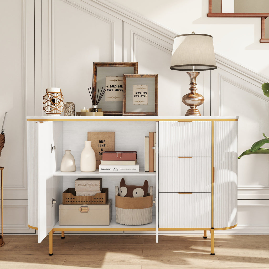 Curved Fluted Accent Cabinet with Gold Trim – 2 Door Storage Cabinet with Drawers