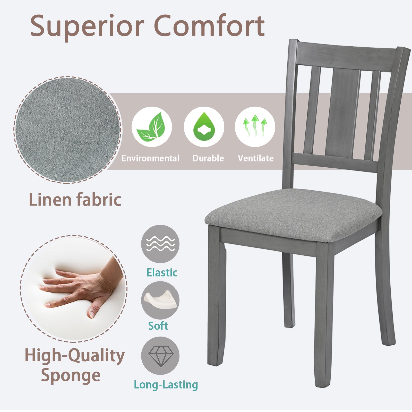 Gray Solid Wood Dining Chairs Set of 4 – Modern Upholstered Kitchen Chairs