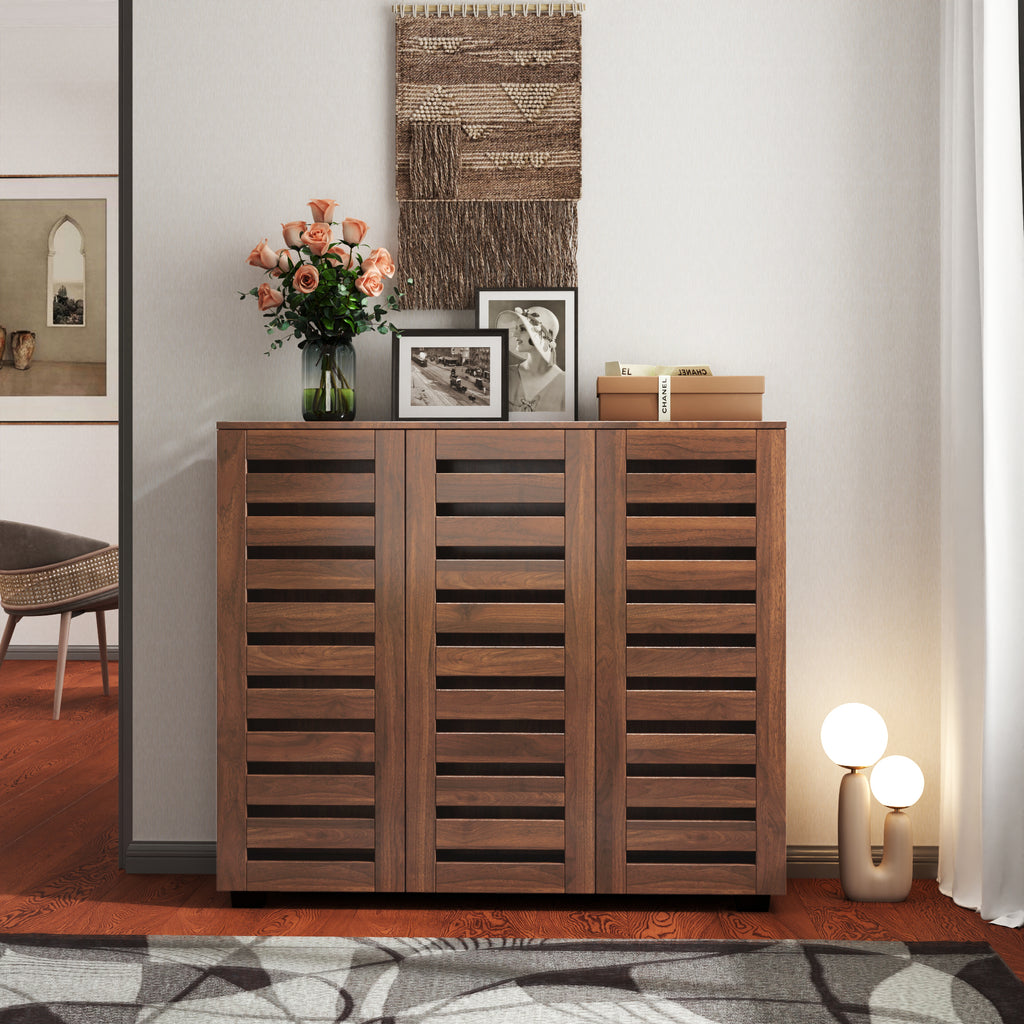 Walnut Wooden Shoe Storage Cabinet with Louvered Doors
