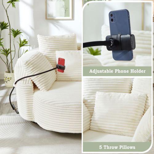 360° Swivel Corduroy Barrel Chair with Phone Holder & 5 Pillows