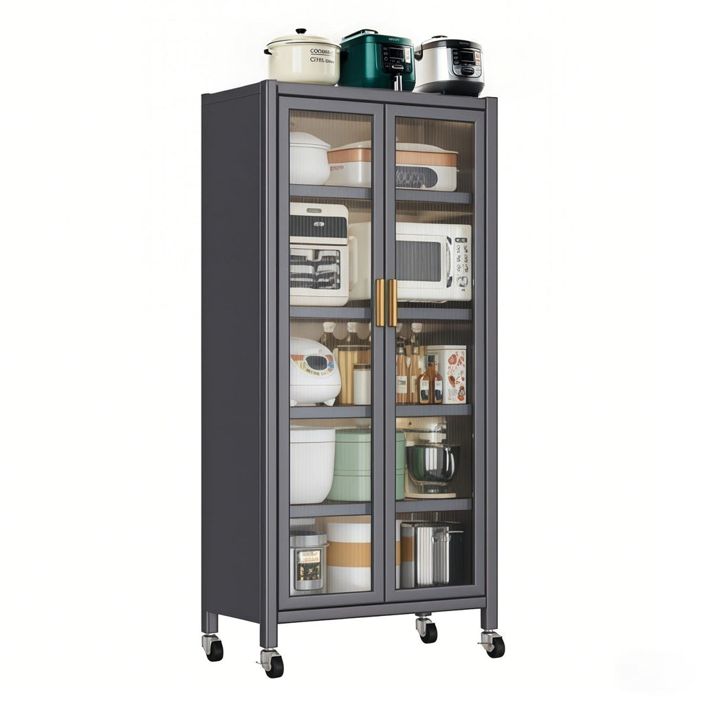 Tall Kitchen Pantry Cabinet with Glass Doors – 6-Tier Storage (Gray