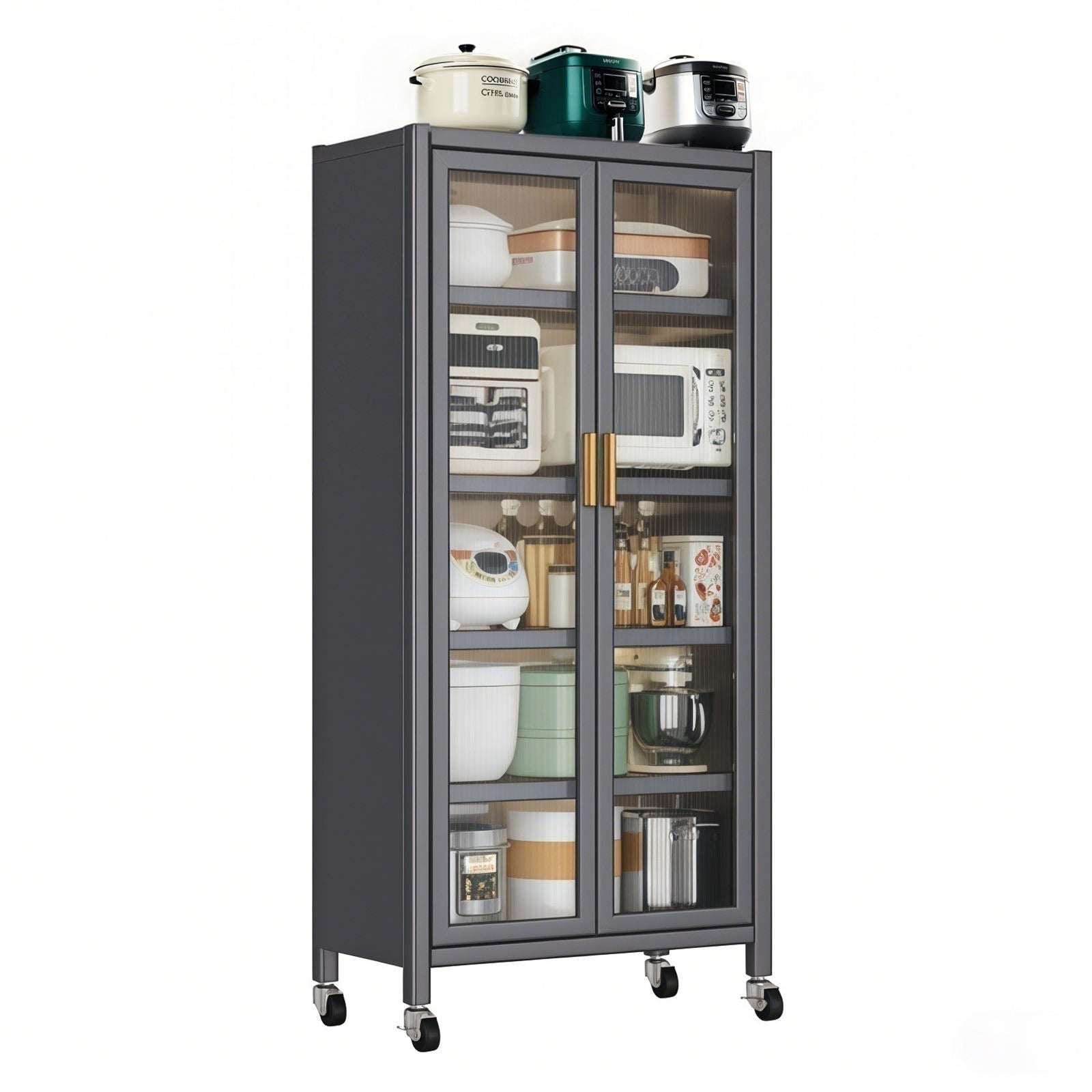 Tall Kitchen Pantry Cabinet with Glass Doors – 6-Tier Storage (Gray
