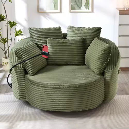360° Swivel Corduroy Barrel Chair with Phone Holder & 5 Pillows