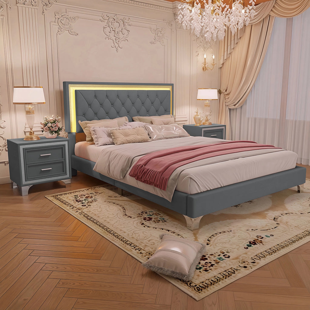 Glam LED Upholstered Bed Frame with Matching Nightstands