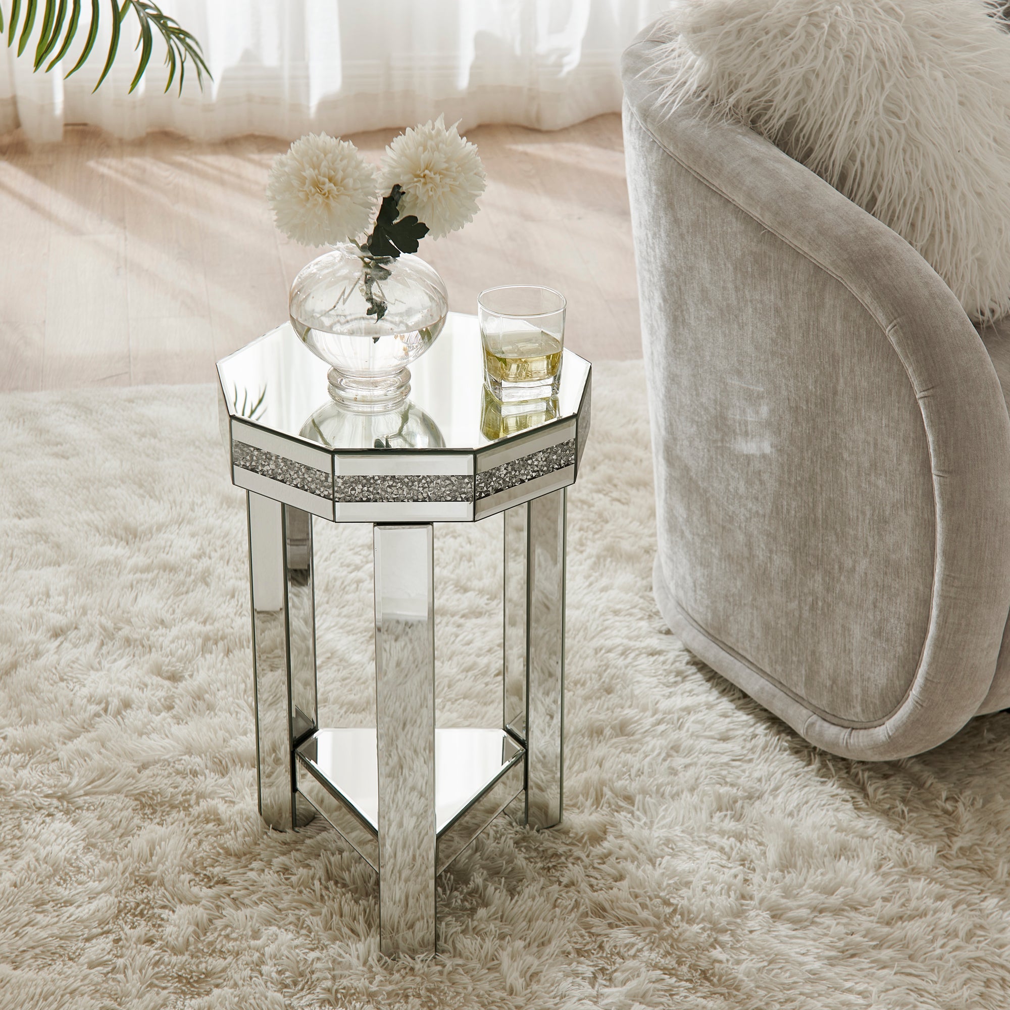 Crystal Trim Mirrored End Table – Elegant Octagon Accent Table