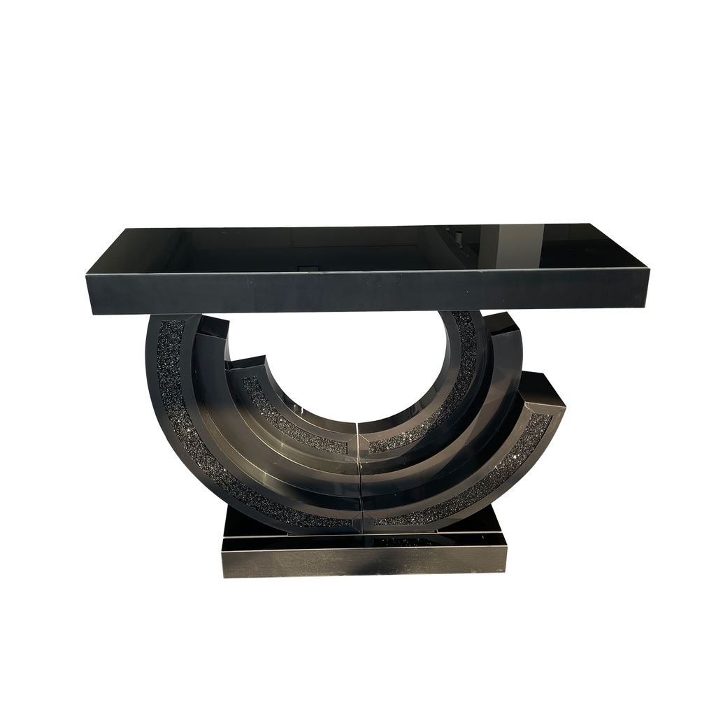 Black Mirrored Diamond Crush Crescent Console Table – Glam Entryway Sofa Table
