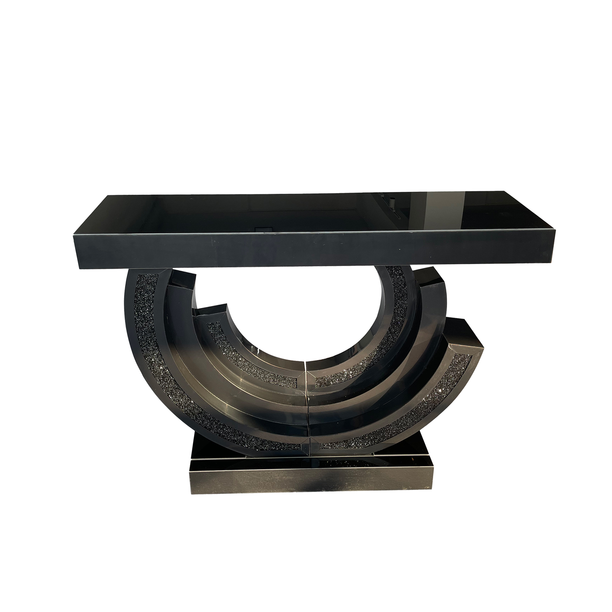 Black Mirrored Diamond Crush Crescent Console Table – Glam Entryway Sofa Table
