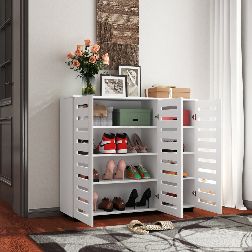 Walnut Wooden Shoe Storage Cabinet with Louvered Doors