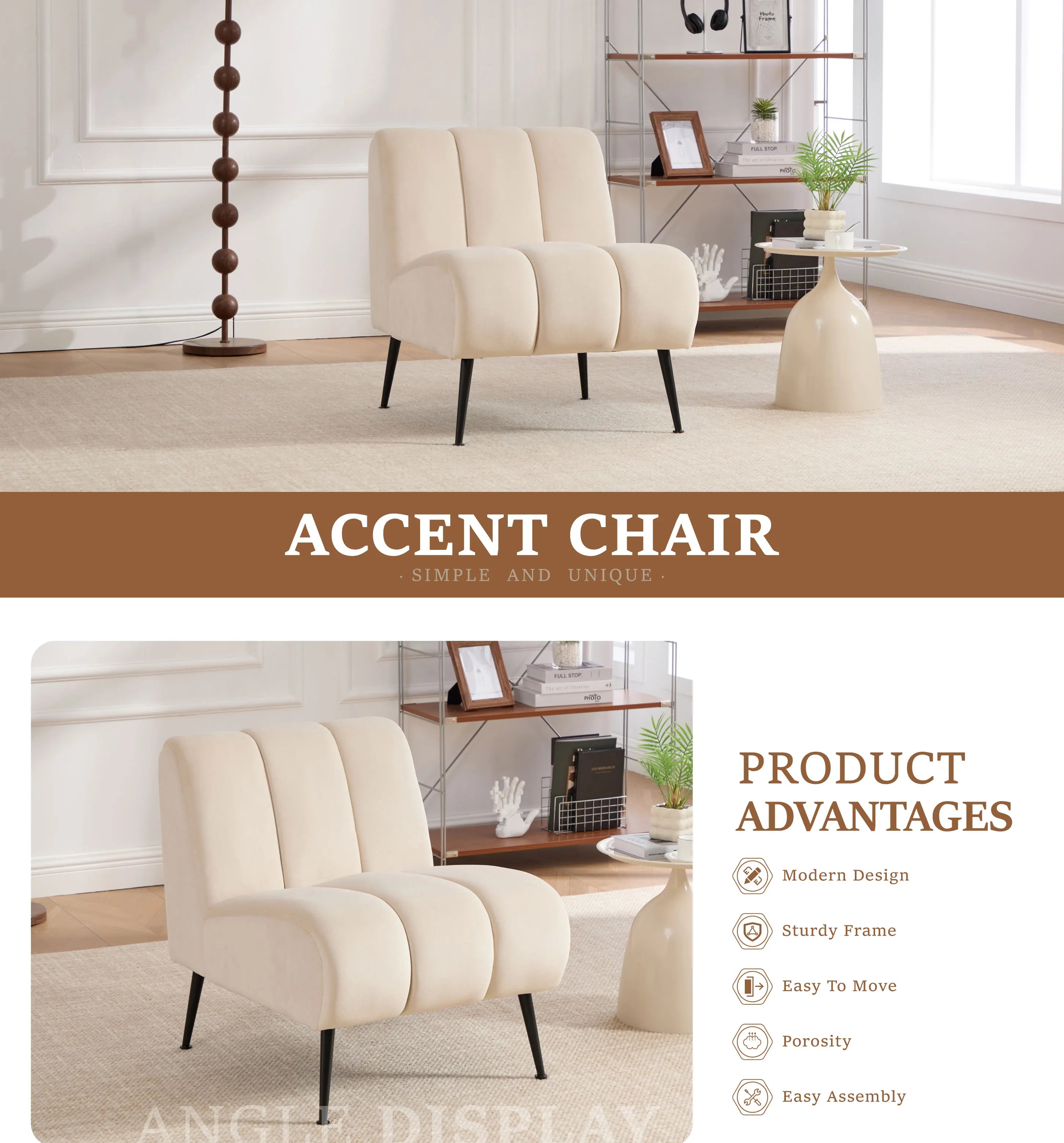Modern Chenille Armless Accent Chair with Metal Legs – Cozy Neutral Lounge Chair