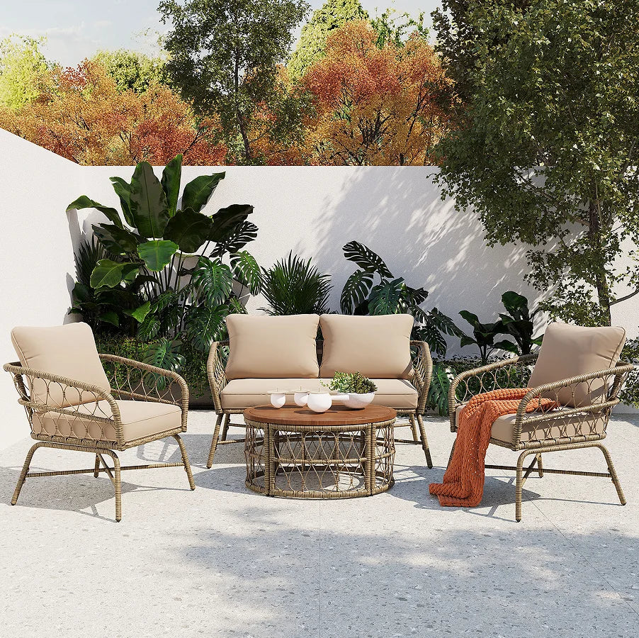 Boho-Inspired 4-Piece Outdoor Wicker Patio Set with Cushions and Coffee Table