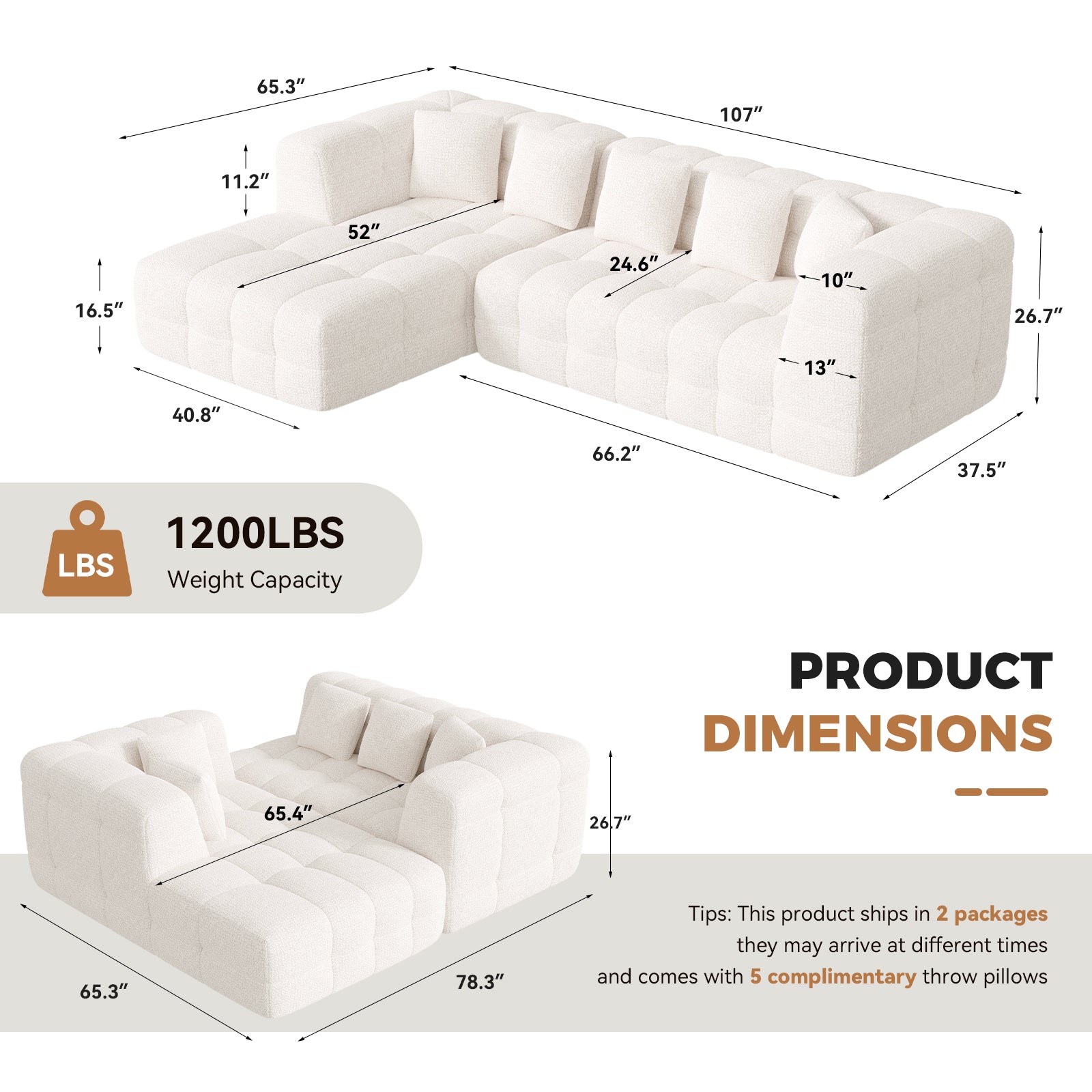 Oversized Chenille Cloud Sectional Sofa – Boneless L-Shaped Deep Seat Couch