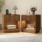 2 Fluted Wooden Nightstand with Sensor LED Light & Charging Station
