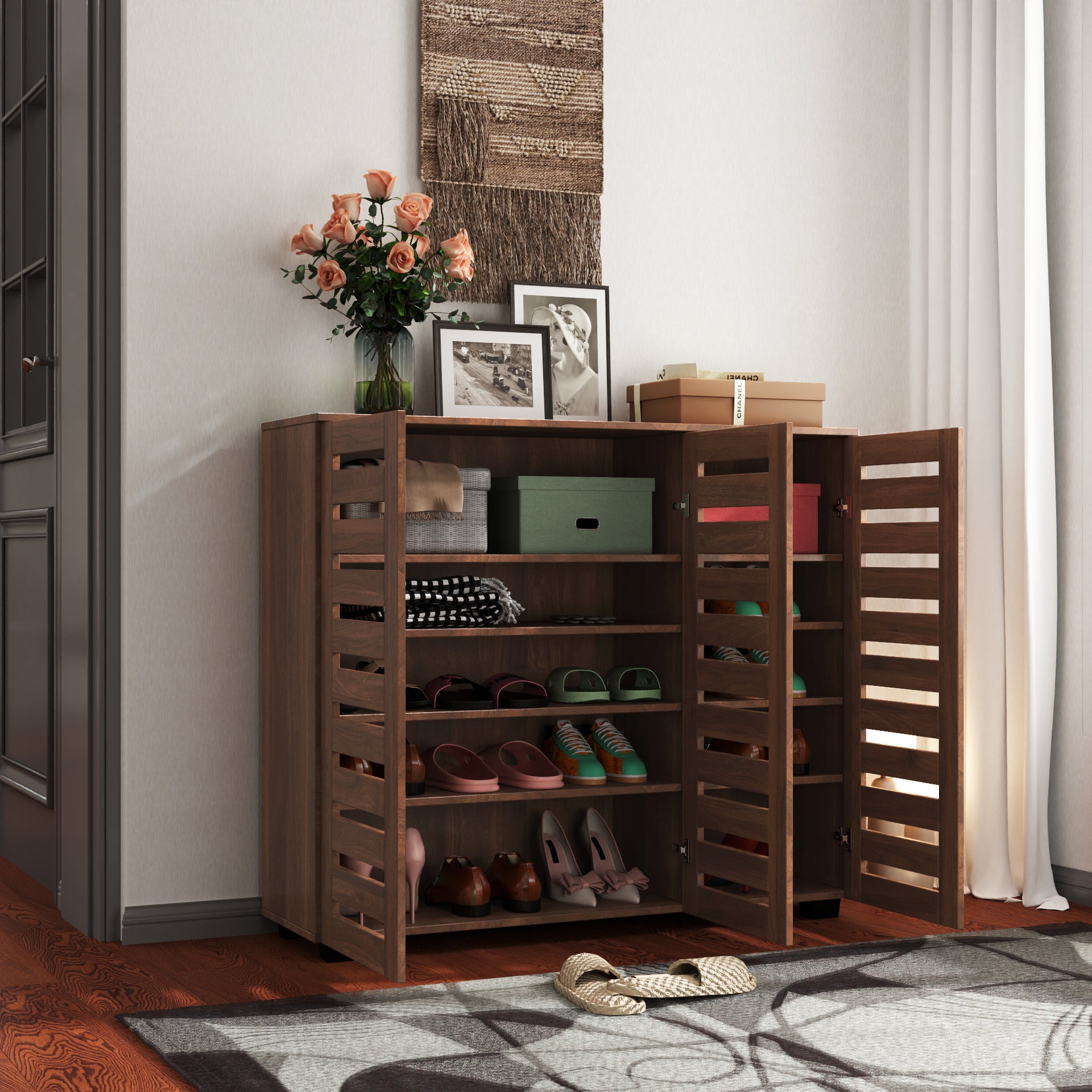 Walnut Wooden Shoe Storage Cabinet with Louvered Doors