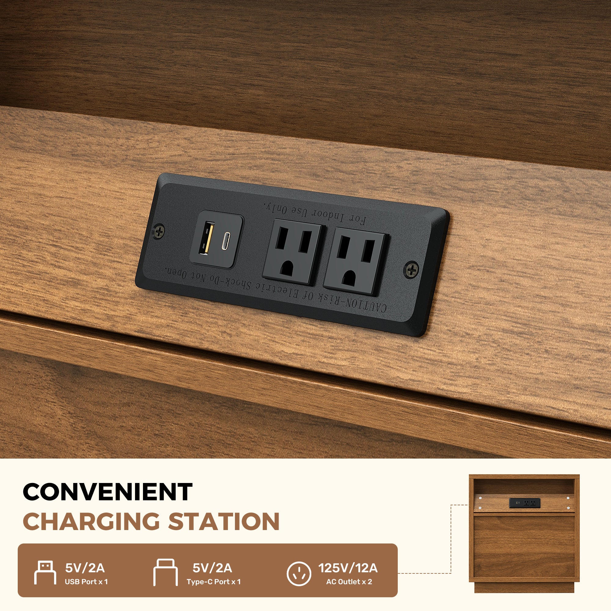 2 Fluted Wooden Nightstand with Sensor LED Light & Charging Station