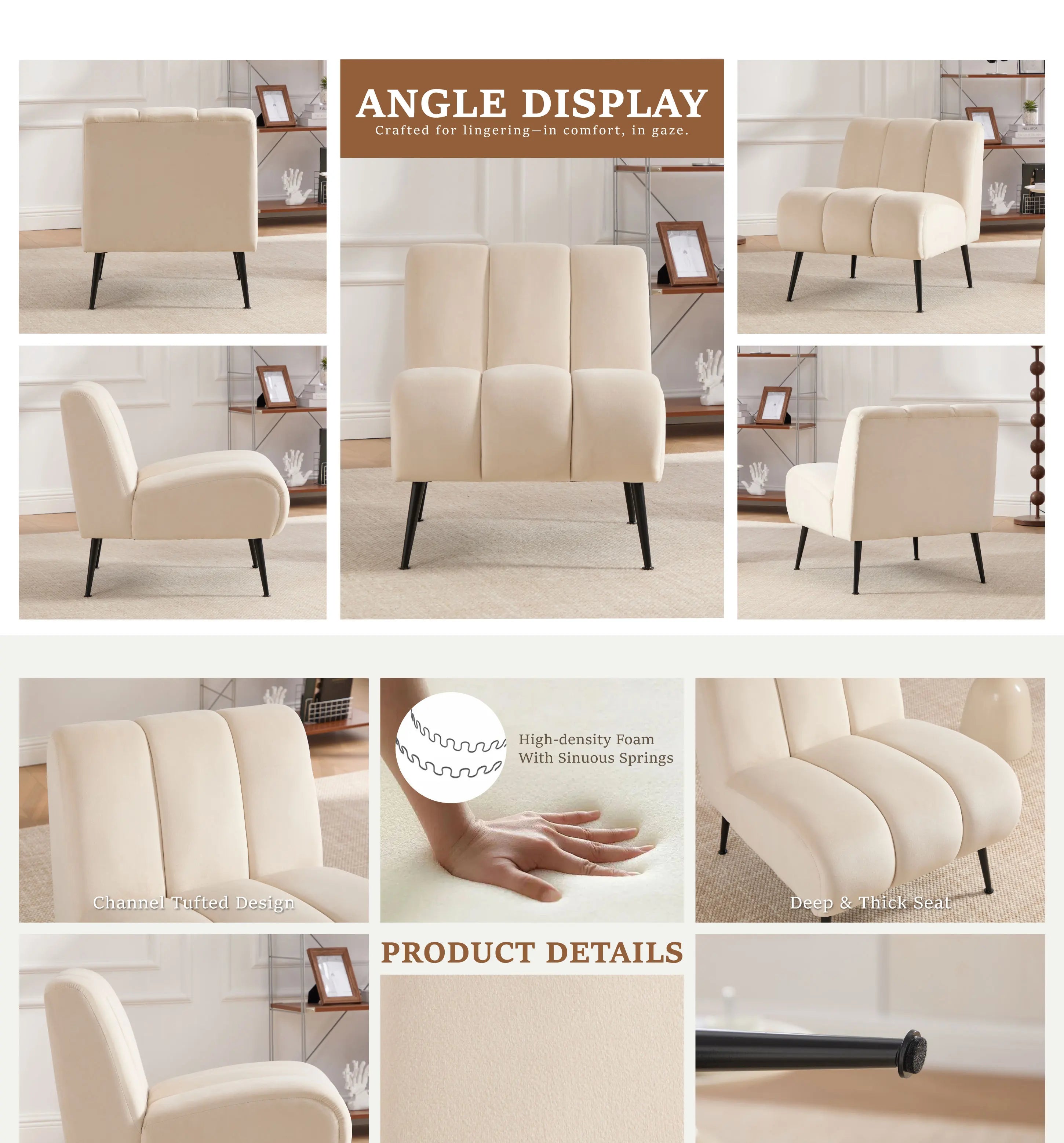 Modern Chenille Armless Accent Chair with Metal Legs – Cozy Neutral Lounge Chair