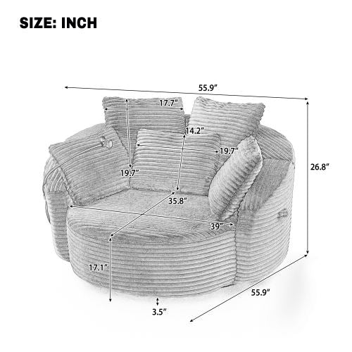360° Swivel Corduroy Barrel Chair with Phone Holder & 5 Pillows