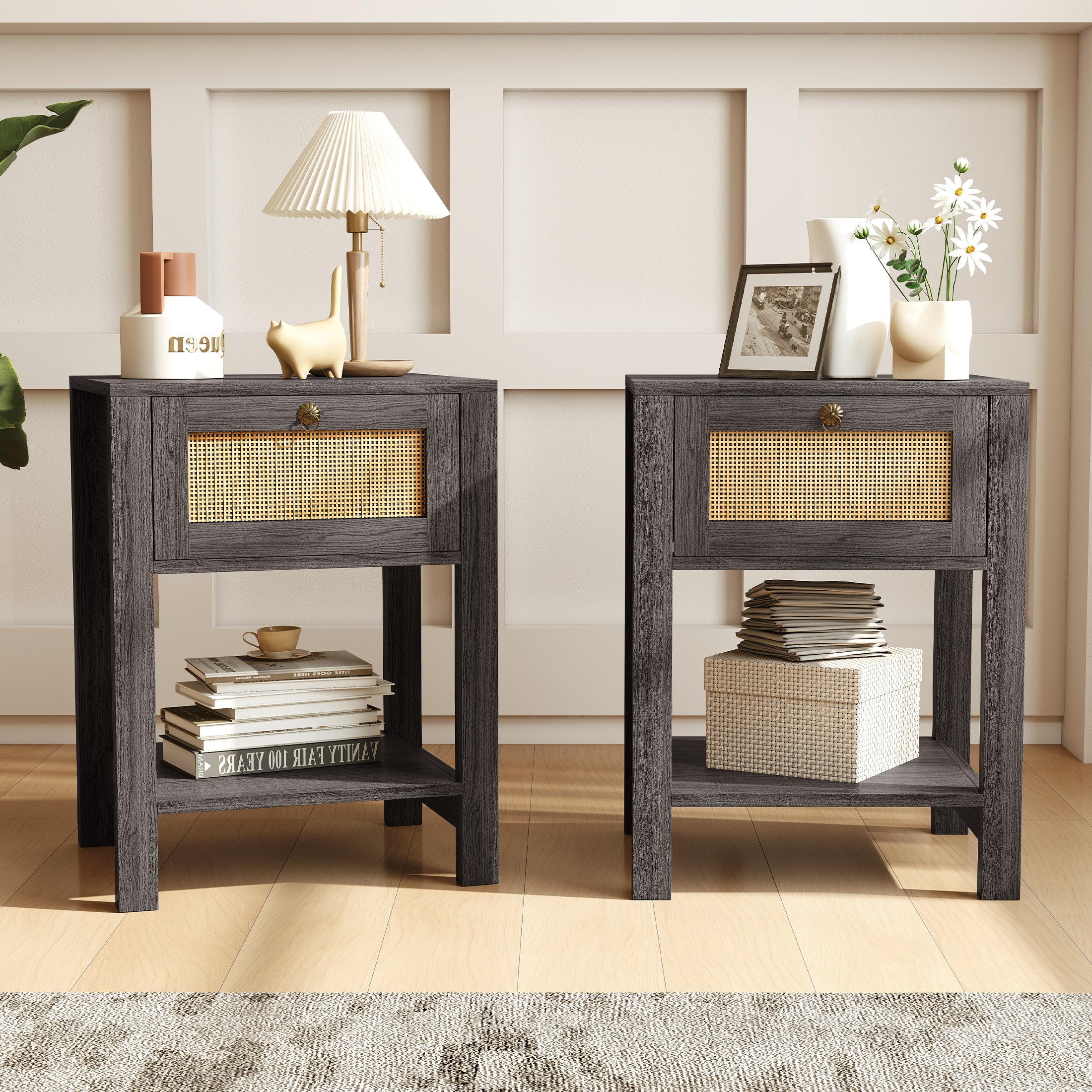 2 Wooden Nightstand with Rattan Drawer & Open Shelf Storage
