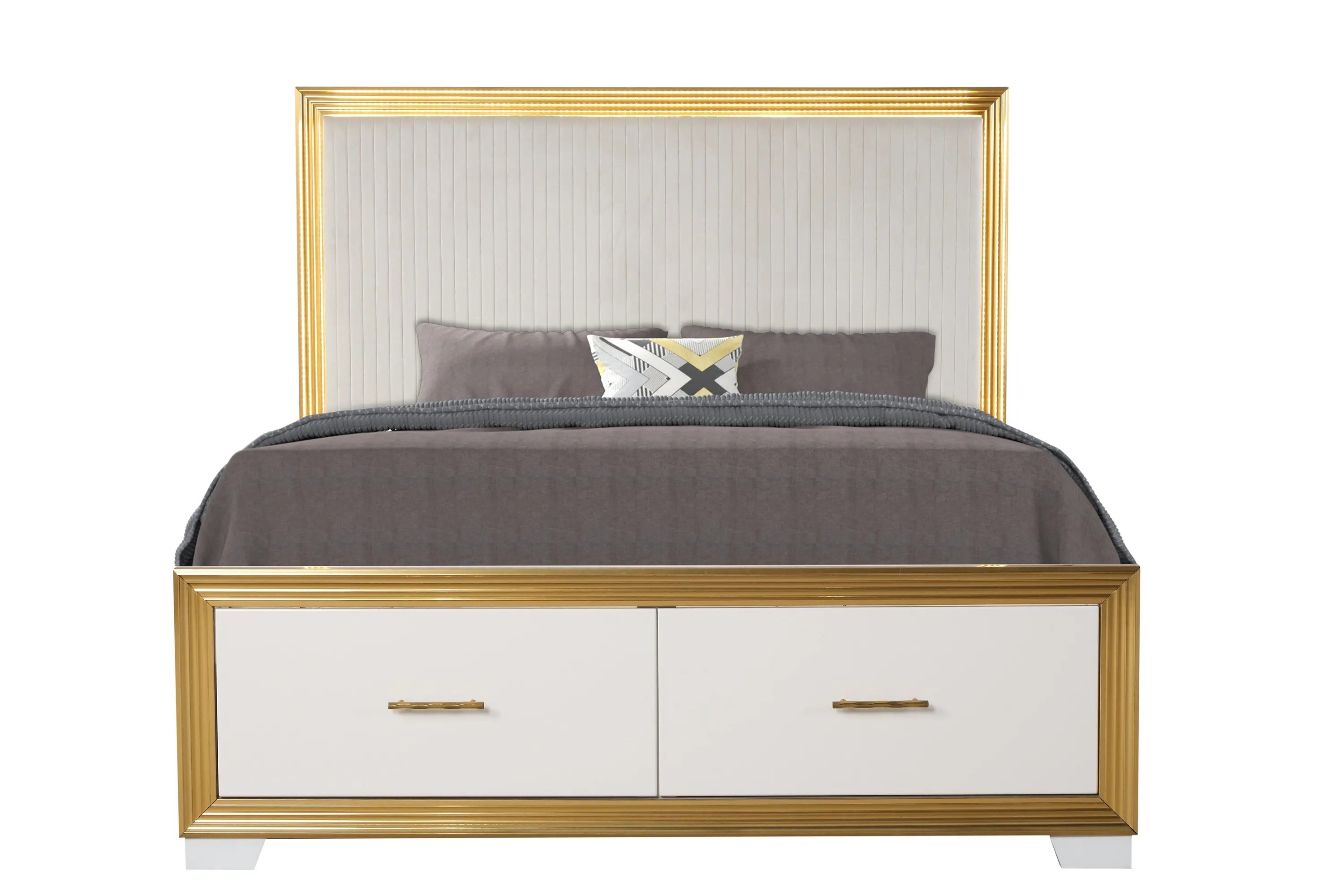 White & Gold LED Queen Bedroom Set – Bed, Dresser, Mirror & Nightstand