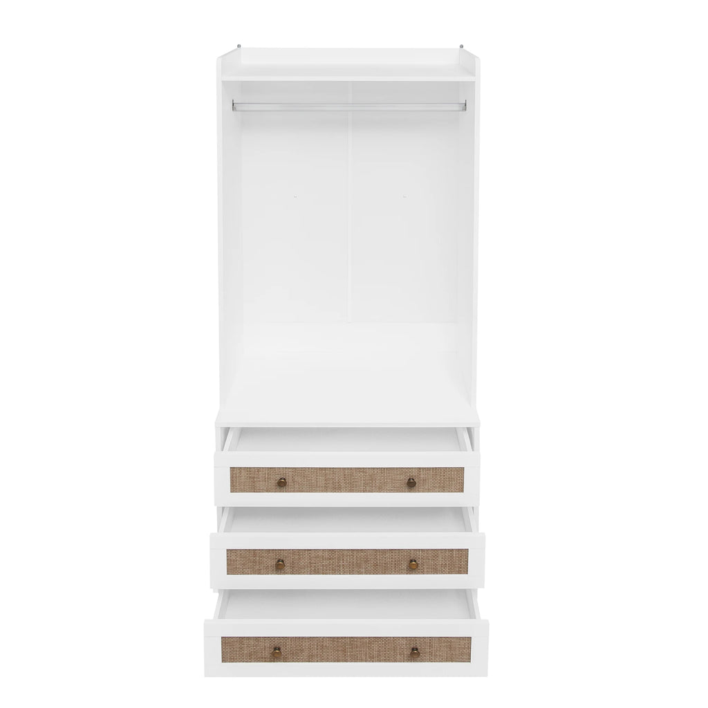 Modern White Solid Wood Wardrobe Cabinet with Drawer and Hanging Rod