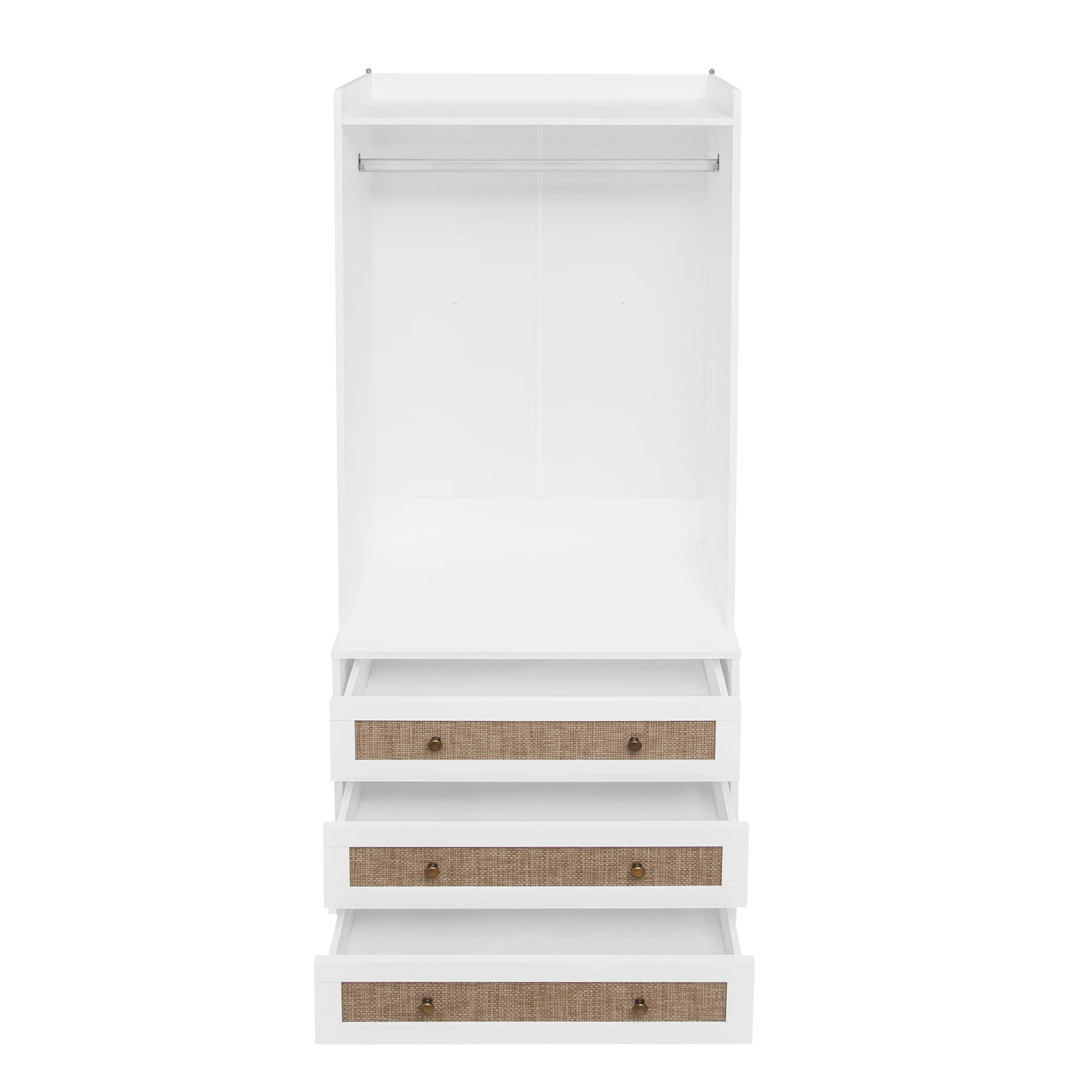 Modern White Solid Wood Wardrobe Cabinet with Drawer and Hanging Rod