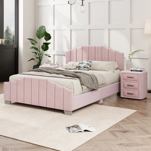 Luxury Pink Velvet Bed Frame with Channel Tufted Headboard